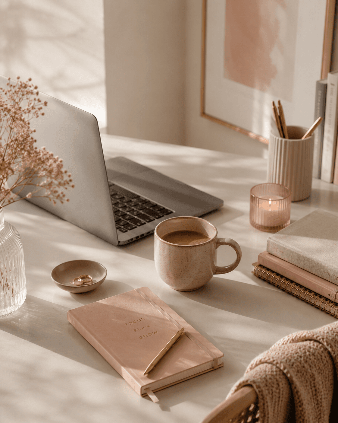 A laptop and pink desk styling showing an ongoing support workflow.